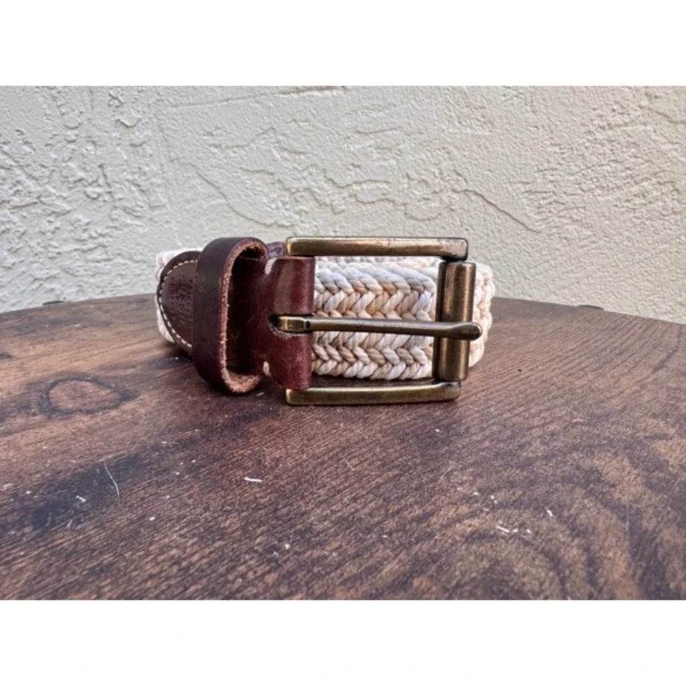 Fossil Mens Braided Tan Woven Leather Belt Nautical Preppy Heritage Classic